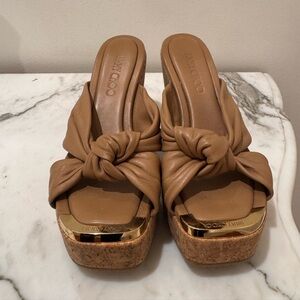 Jimmy Choo Beige cork Platform wedges. size 37 Gold hardware.
